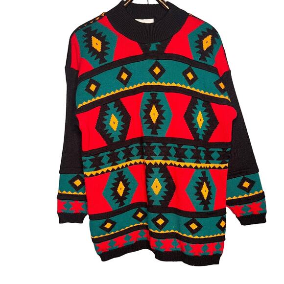 Vintage 90s Size XL Red Turquoise Southwest Aztec Sweater Mock Neck Diana Marco - Picture 1 of 8